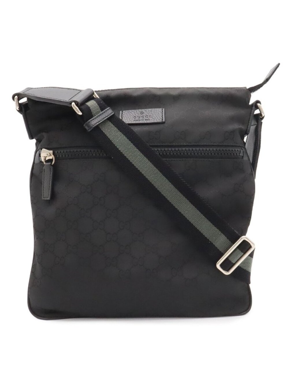 Gucci GG Nylon Shoulder Bag Crossbody Leather Black Gray Silver